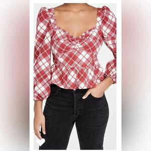 NWT RAHI Women's Sweetheart Peplum Red Plaid Top Blossom Blouse